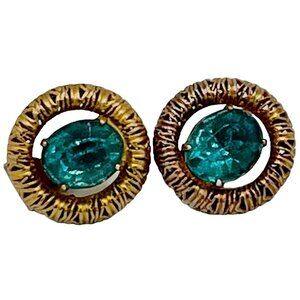 Vintage Filigree Gold Tone Clip-On Earrings With Teal Blue Rhinestone